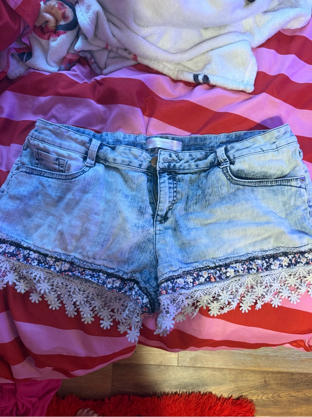 No Boundaries Light Wash Denim Shorts with Floral Trim and Lace